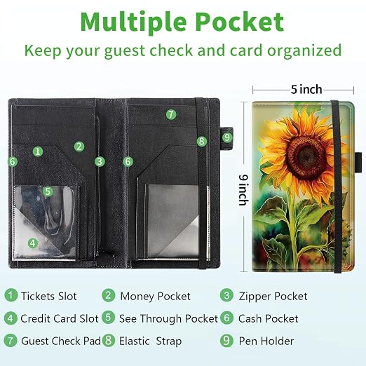 Server Books for Waitress, 5x9 Inch Waitstaff Server Order Pads, 11 Large Pockets, Cute PU Leather Waitress Book Server Wallet with Elastic Band Fit Server Apron,Lovely Sunflowers - Image 3