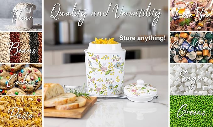 25DOL 60 Ounce Kitchen Ceramic Canister with Lid - Large Air Tight Coffee Grounds Container with Elegant Floral Pattern - Great Airtight Flour Jar, Tea Canister & Cute Cookie Jar