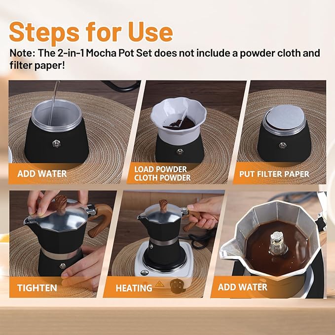 2-in-1 Aluminum Moka Pot Set with Electric Stove Classic Stovetop Espresso Coffee Maker 150ml 5oz Mocha Express Portable Camping Travel Preferred Cafe Makers Italian Cuban Café Brewing 3 Cup