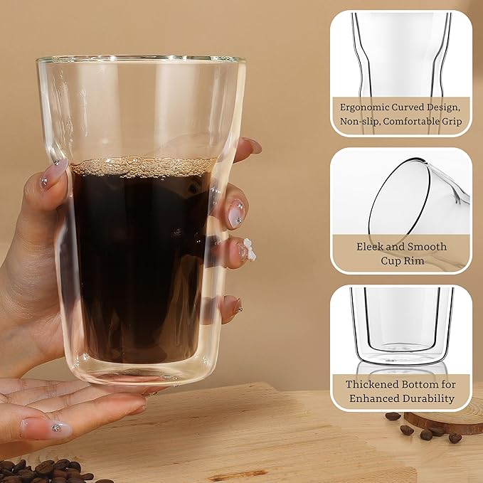 Joeyan Double Wall Insulated Glass Tumbler, 16.9oz Tall Dinking Glasses Set of 2, Lager Highball Glass Cups for Beer, Lemonade, Iced Tea, Tropical Drink, Cocktail, Smoothie, Mojito and Mixed Drinks