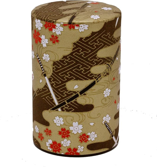 Washi Paper Tea Tin Canister: Long 3.5oz (100g) Golden Kimono -Katana Sward design (#SP23-E), Japan