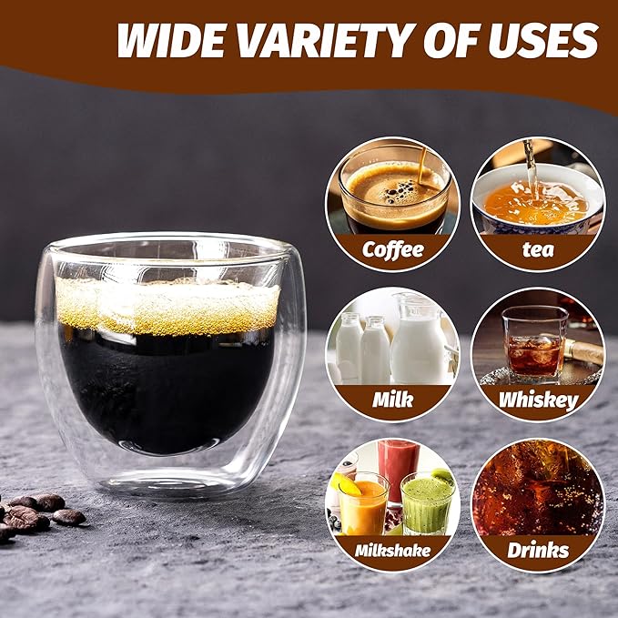 Espresso Cups Set of 2, 5 Oz(150 ml) Expresso Shots Glass Cup, Double Walled Glass Coffee Cups,Fit for Espresso Machine and Coffee Maker, Insulated Clear Espresso Shot Glasses Cups Gifts for Man Women