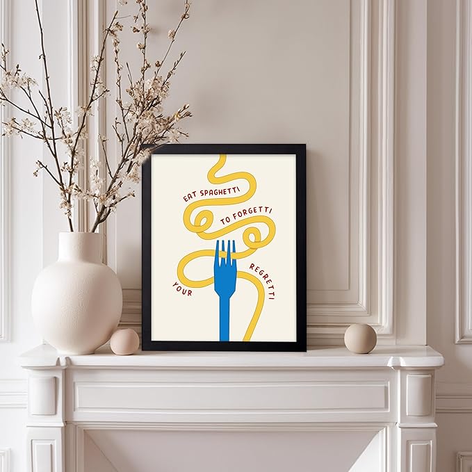 Poster Master Spaghetti Poster - Eat Spaghetti To Forgetti Your Regretti Print - Food & Drink Art - Gift for Chef, Cook - Fun Decor for Restaurant, Kitchen, Dining Room, 11x14 Black Framed