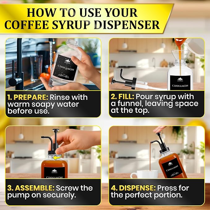 Set of 4 Glass Coffee Syrup Dispenser with Pump 16.9oz 500 ml – 18 Marked Labels – Leak-Proof Glass Syrup Bottles for Coffee Bar, Espresso Station & Barista Setups | Parties & Event Ready (Black) - Image 5