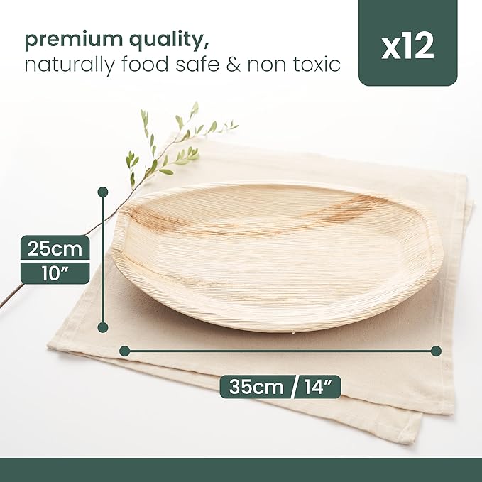 HAAGO 12 Pack 14x10 Large Palm Leaf Platters Bamboo Serving Tray (Boat) Disposable Charcuterie Boards Serving Trays & Platters for Party, Wedding & Picnic