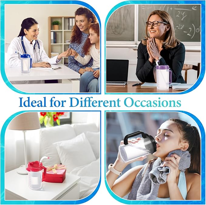 4 Pcs 32 oz Hospital Water Cup with Straw and Lid Insulated Double Walled Water Cup with Handle and Straw Elderly Bottle Plastic Drinking Carafe Insulated Mug (Red,Blue,Black,Purple)