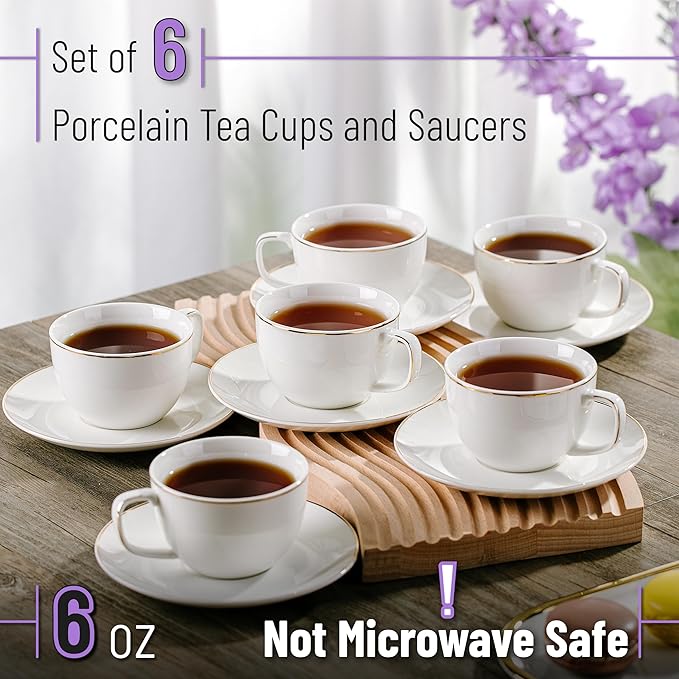 BTaT- Cappuccino Cups with Saucers 6 oz, Set of 6, White Porcelain Coffee Cup and Saucer Set for Latte with Golden Trim Design, Dishwasher Safe, Mocha, Tea, Au Lait, Flat White