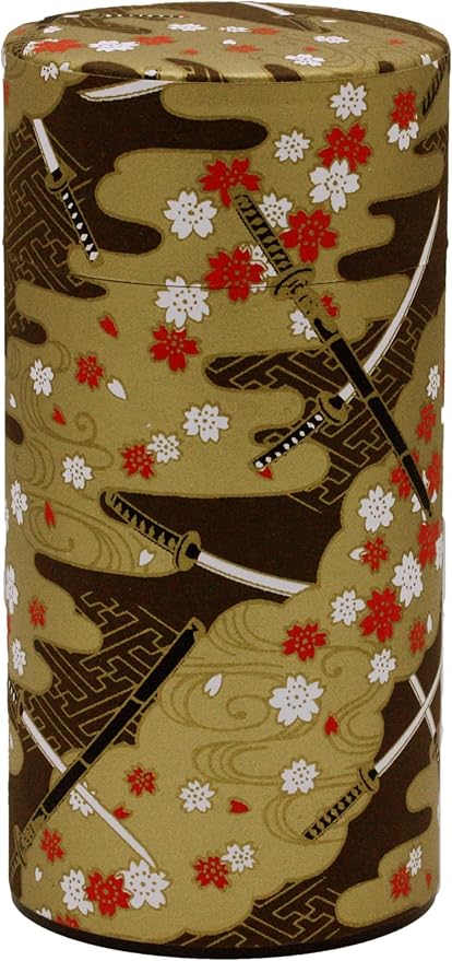 Washi Paper Tea Tin Canister: Long 7oz (200g) Golden Kimono -Katana Sward design (#SP23-E), Japan