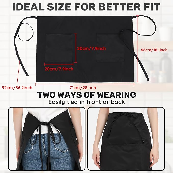 3 Pack Waist Apron with 3 Pockets, Unisex Black Waiter Aprons, Water Resistant Server Aprons for Restaurant Chef Bar - Image 3