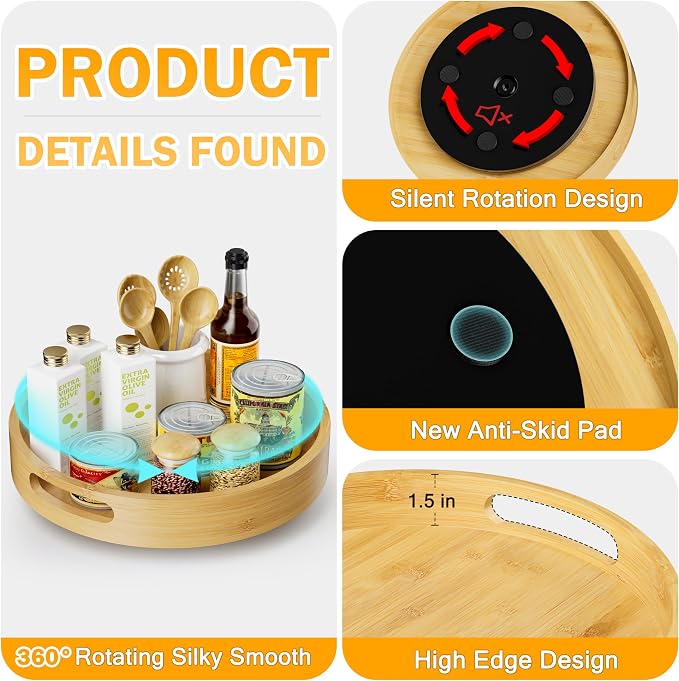 Lazy Susan Organizer Homerays 12 Inch Non-Skid Bamboo Lazy Susan for Kitchen Rotating Spice Rack with Handles, Wood Turntable for Kitchen Cabinet,Countertop (Bamboo, Medium) - Image 7