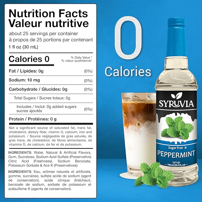 Syruvia Sugar Free Peppermint Syrup for Coffee, Flavored Syrup for Drinks, Lattes, and Desserts – 25.4 fl oz