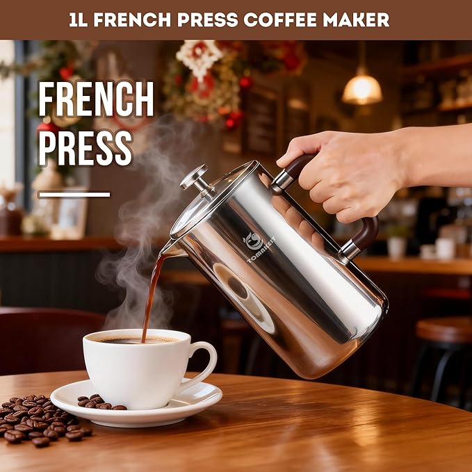 1L/34 Oz French Press Coffee Maker,304 Stainless Steel Coffee Press,Durable & Easy Clean,Leak-Proof Design,Prensa Francesa Para Cafe for Home,Office,Camping (Silver-Upgrade)