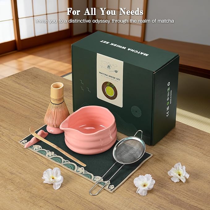 Matcha Whisk Set: 7 Pcs Ceramic Matcha Set with Bowl, Whisk, Holder, Scoop, Sifter, Rest & Towel – Japanese Matcha Kit Gift (Sakura Pink)
