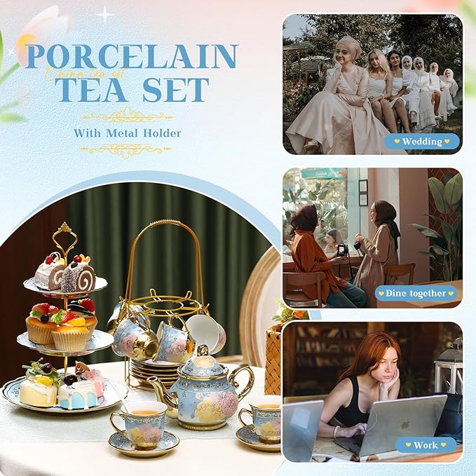 21 Pcs Ceramic Teapot Set Vintage Porcelain Tea Cups with Metal Holder and High Tier Cupcake Stand Saucers for Women Girls Farmhouse European Weddings Party Decor Gifts(Blue,Vivid)