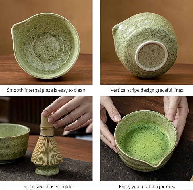 Matcha Set, Matcha Whisk Set Includes Matcha Bowl with Spout, Bamboo Whisk, Matcha Whisk Holder, Sifter, Scoop, Spoon Holder, Tea Towel- 7pcs Perfect Matcha Kit for Matcha Tea Ceremony