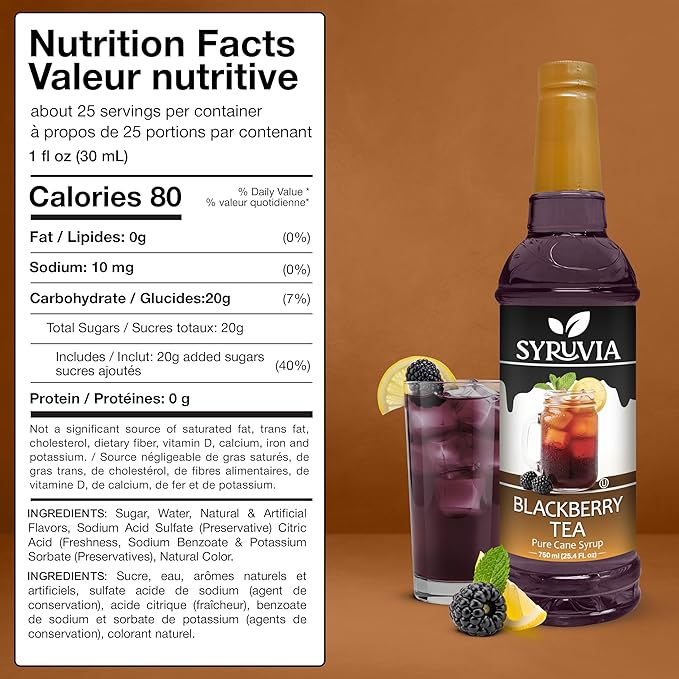 Syruvia Blackberry Tea Flavored Syrup for Drinks, Cocktails, Lemonades, Iced Teas and Desserts – 25.4 fl oz, With Pump