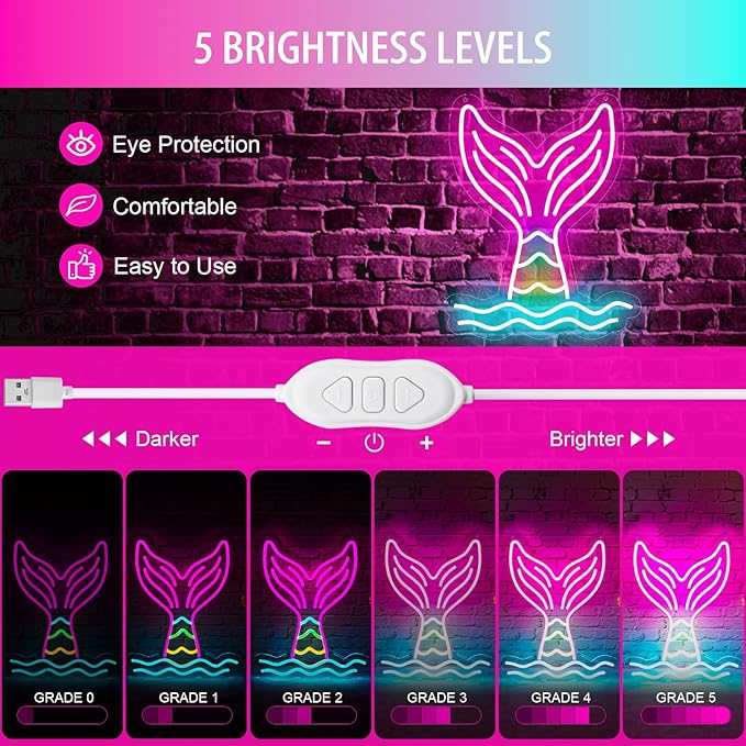 Basaneon Mermaid Tail Neon Sign Dimmable Mermaid Neon Signs for Wall Decor, USB Powered Bright LED Mermaid Lamps for Girls Bedroom, Birthday Christmas Decor, Perfect Gifts for Girls(15.7*12.6inches)