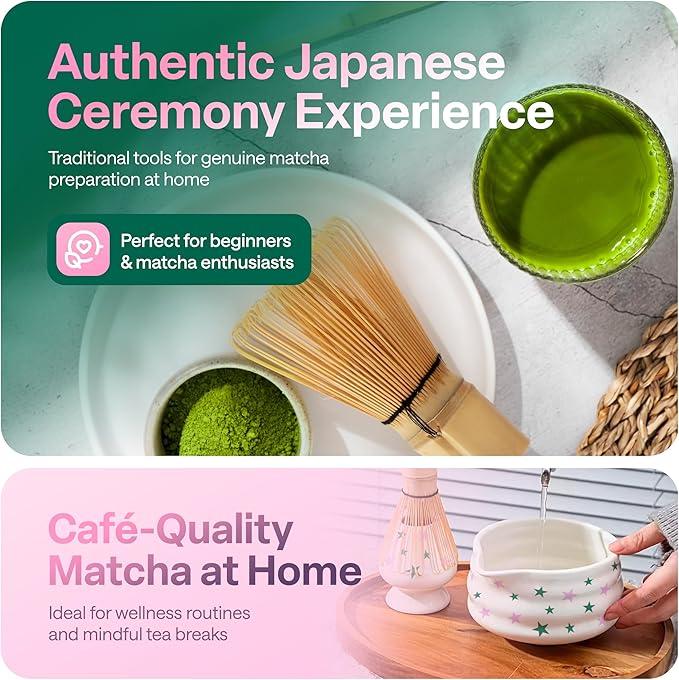 Matcha Whisk Set with Stars - 6 Piece Ceramic Matcha Set with a Bowl, Whisk, Stand, Spoon and Sifter - Designed in the UK - Gift Set