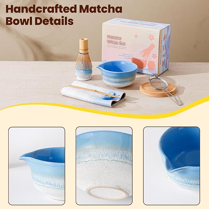 Matcha Whisk Set, Ceramic Matcha Kit Desert Style, Matcha Whisk and Bowl, Bamboo Scoop and Rest, Sifter and Tea Towel, 7 Pcs Gifts for Matcha Lover - Light Blue