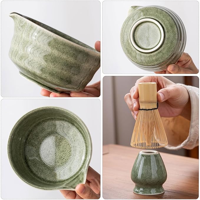 Matcha Set, Matcha Bowl with Spout, Matcha Whisk and Holder, Bamboo matcha Scoop and Stainless Sifter - 5 Pcs Jade Green Matcha Set Kit for Matcha Lover