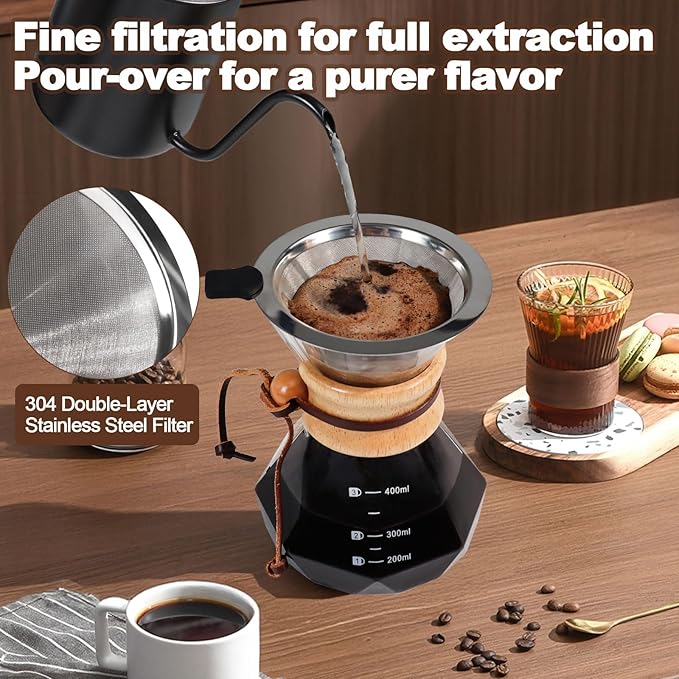 Pour Over Coffee Maker 400ml 13.5oz Glass Drip Coffee Maker with 304 Stainless Steel Filter High Borosilicate Glass Duckbill Spout Solid Wood Handle Pour Over Coffee Dripper for Daily Brewing