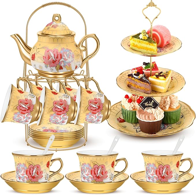 21 Pcs Ceramic Teapot Set Vintage Porcelain Tea Cups with Metal Holder and High Tier Cupcake Stand Saucers for Women Girls Farmhouse European Weddings Party Decor Gifts(Yellow,Fall)