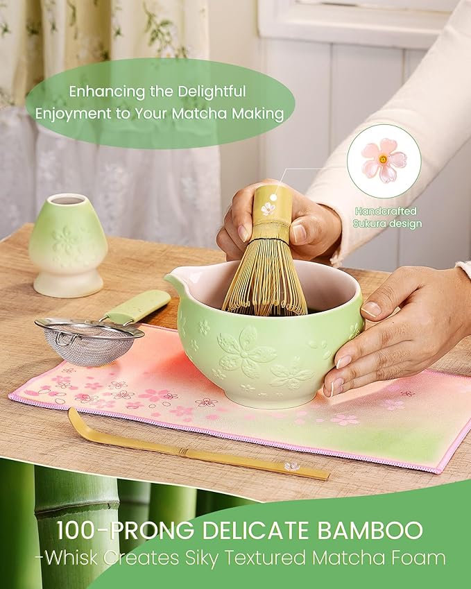 Matcha Whisk Set, 6pcs Matcha Set Includes Matcha Bowl, Bamboo Whisk & Scoop with Cute Charm, Chasen Holder, Innovative Sifter, Tea Mat for Japanese Tea Ceremony, Pale Green