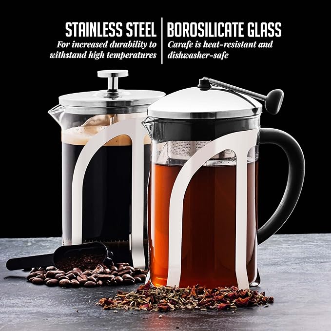 OVENTE French Press Coffee Maker, 27oz Heat Resistant Borosilicate Glass, BPA-Free Brewing Pot with 4-Level Filter System and Stainless Steel Plunger for Cold Brew Coffee, Tea and More, Clear FGC27T