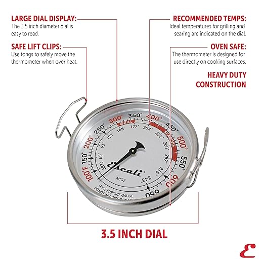 Escali AHG2 Stainless Steel Extra Large Direct Grill Surface Thermometer, Searing Temperature Zones 100-600F Degree Range