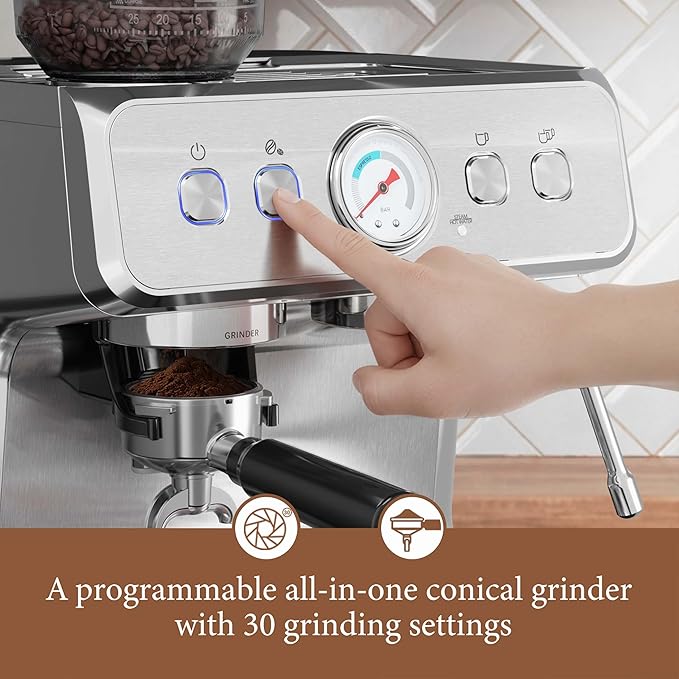 Kndko Espresso Machine with Grinder, 20 Bar Automatic Espresso Maker with Milk Frother Steam Wand, Removable Water Tank, Latte & Cappuccino Machine for Home Barista