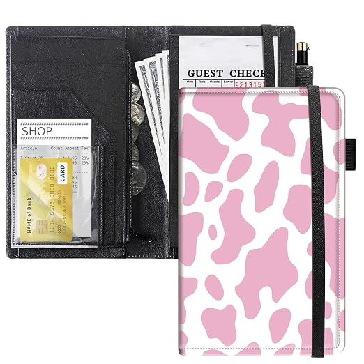 Server Books for Waitress, 5x9 Inch Waitstaff Server Order Pads, 11 Large Pockets, Cute PU Leather Waitress Book Server Wallet with Elastic Band Fit Server Apron,Pink Cow Prints by Unknown