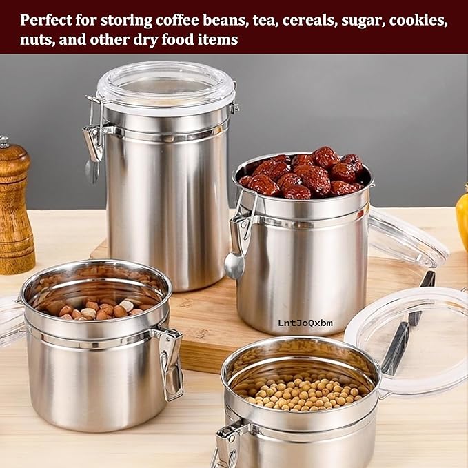 Stainless Steel Vacuum Seal Coffee Canister With Clear Lid, Airtight Food Storage Container With Locking Clamp for Coffee Beans, Tea, Cereal, Nuts (Stainless Steel With Clear Lid, 28.6 fl oz / 850ml)