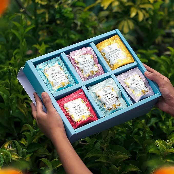 The Vedas garden of Fruits Premium Herbal Tea Selection Gift Set Box Ideal Gifts For Women & Men, Birthday, Anniversary & Self-Care Eco-Friendly | 24 handstitched cotton teabags | 6 different flavours