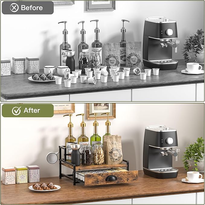 Coffee Syrup Rack Organizer, 3 Tier Countertop Storage Shelves with 35 K Cup Drawer, 8 Syrup Bottle Stand Holder for Wine, Kitchen Coffee Station Organizer Rack, Rustic Brown