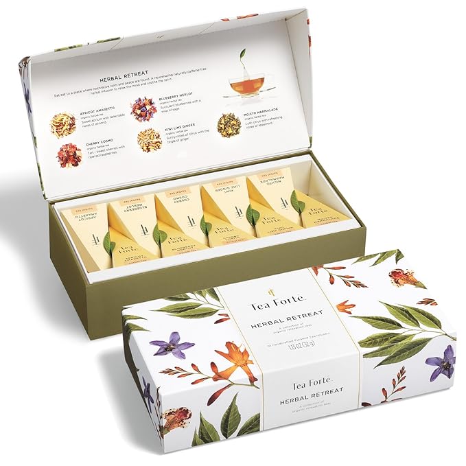 Tea Forte Premium Petite Presentation Box Gift Set Sampler, 10 Count, 2 of Each Blend Individually Wrapped Handcrafted Pyramid Infuser Bags, Herbal Retreat Tea