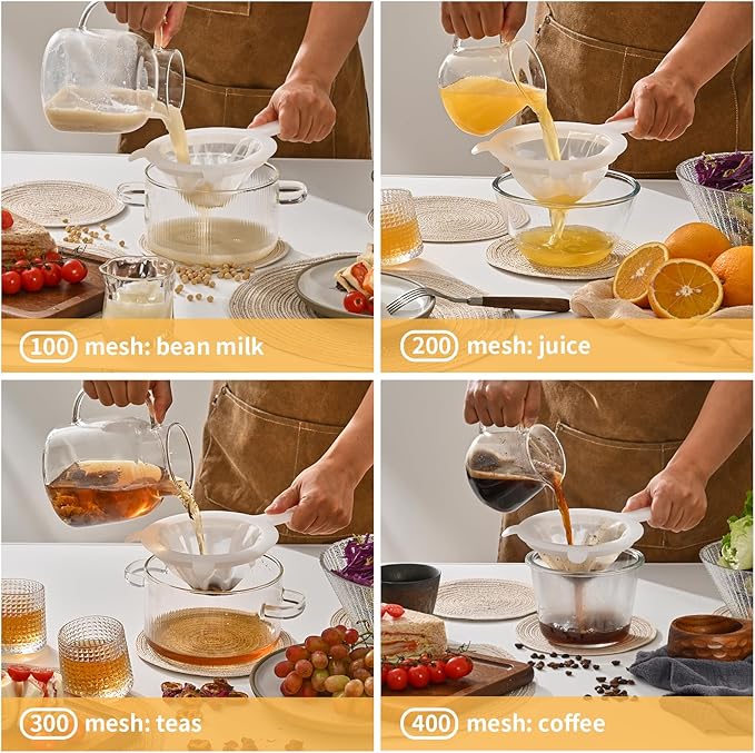 Premium Multi-Mesh Strainer Set, 4 Pack - 100/200/300/400 Mesh, Nylon & Plastic Fine Mesh Sieve for Tea, Coffe, Nut Milk, Juice, Broth, Smoothies, Reusable & Easy to Clean, Durable,Dishwarer Safe