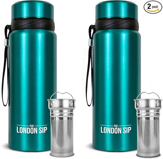 The London Sip 25 oz Multi-Function Travel Mug and Tumbler Tea Infuser Water Bottle Fruit Infused Flask Hot and Cold Double Wall Stainless Steel Coffee Thermos, Celestial Blue, Pack of 2
