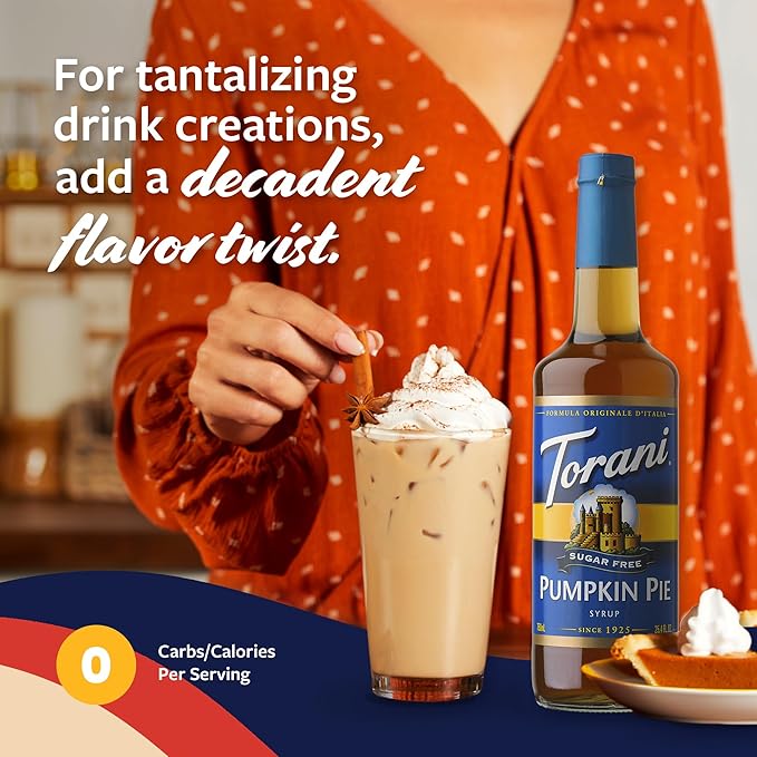 Torani Sugar Free Coffee Syrup, Pumpkin Pie Flavored Syrup for Drinks, Zero Calorie, Glass Bottle with Pump Included, 25.4 Fl Oz