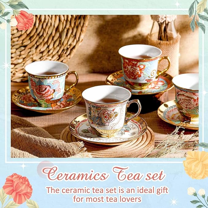 Set of 18 Tea Cups and Saucers Tea Party Decorations Floral Porcelain 5.4 oz British Gift for Women Birthday Party, Church, and Mother's Day (Vibrant Style)