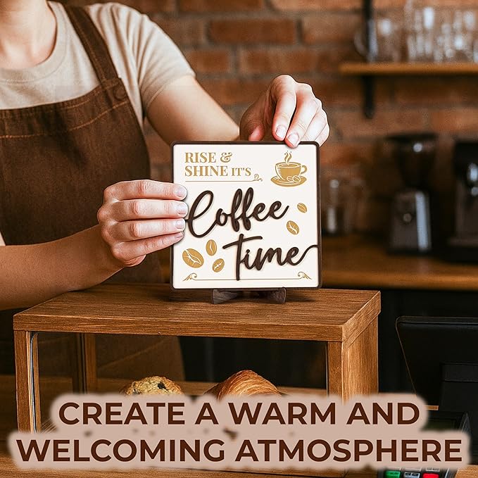 Woodamore Vintage Coffee Sign Decor - Farmhouse Coffee Bar Sign Accessories, Wood Cafe Signs For Kitchen Table Top Decor, Cafe Station Accessories