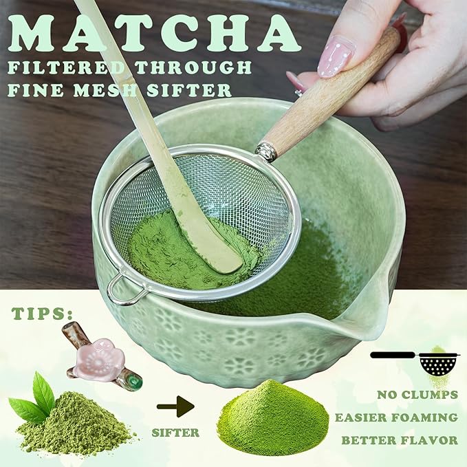 HAVIREST 8 pcs Matcha Whisk Set, Ceramic Bowl and Whisk Stand Spoon Holder Sifter Mat Towel, Japanese Ceremonial Grade Macha Tea Tools Kit, Gift for Women Match Starter Lover (Green)