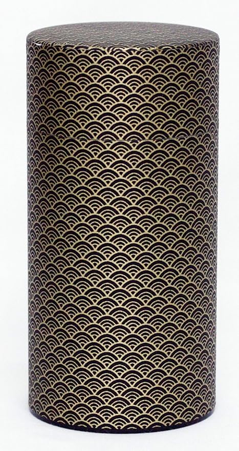 Washi Paper Tea Tin Canister: Long 7oz (200g) Black Waves with Gold Outlines (#91), Japan