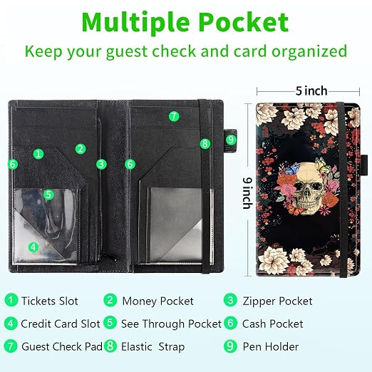 Server Books for Waitress, 5x9 Inch Waitstaff Server Order Pads, 11 Large Pockets, Cute PU Leather Waitress Book Server Wallet with Elastic Band Fit Server Apron,Flower Skull Roses Butterfly - Image 3