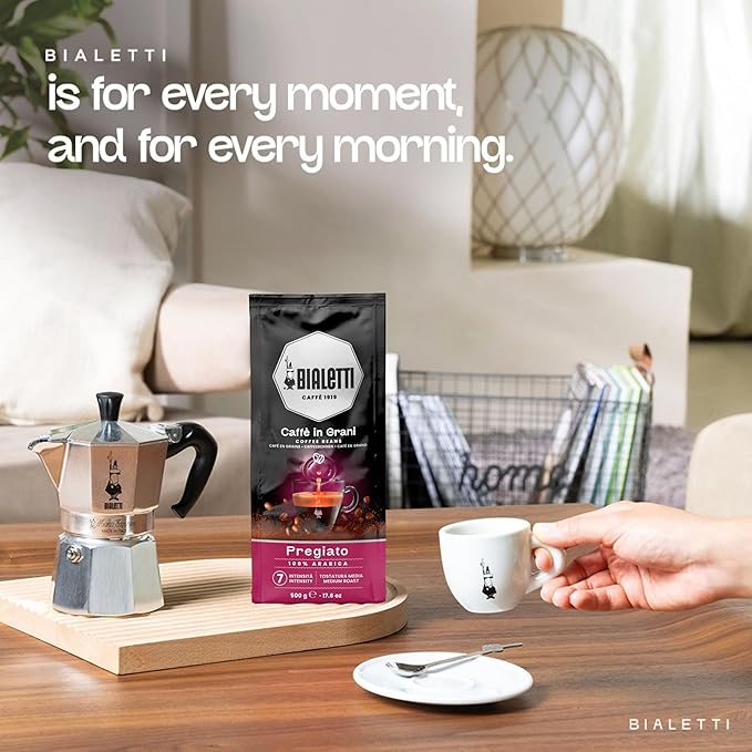 Bialetti Pregiato Coffee Beans 1000g Bag - Medium Roast Intensity 7, 100% Arabica Whole Bean Coffees with Floral & Dried Fruit Notes For Stovetop Espresso Maker, Cappuccino Machines & Moka Pot