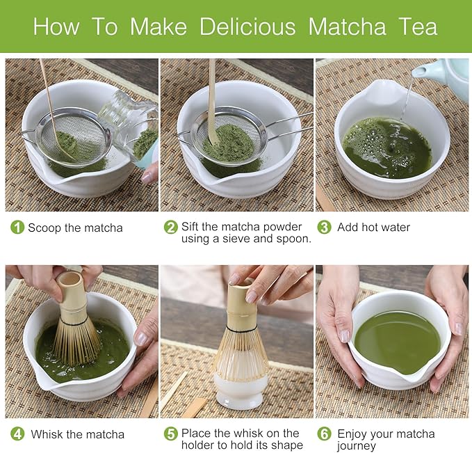 Matcha Whisk Set, 6 Pcs Matcha Set with Bamboo Matcha Scoop and Stainless Steel Sifter /Pouring Spout Ceramic Bowl/Matcha spoon/Matcha Whisk Holder, -19 oz Japanese Tea Ceremony Kit for Gifts (White)
