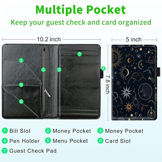 Server Books for Waitress, with 7 Large Pockets, Waiter Serving Book, Waitstaff Server Order Pads, Cute PU Leather Server Book with Pen Holder Fit Server Apron, Sun and Moon - Image 3