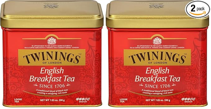 Twinings English Breakfast Loose Tea Tin, 7.05 Ounce Tin (Pack of 2), Smooth, Flavourful, Robust Black Tea Leaves, Caffeinated, Enjoy Hot or Iced