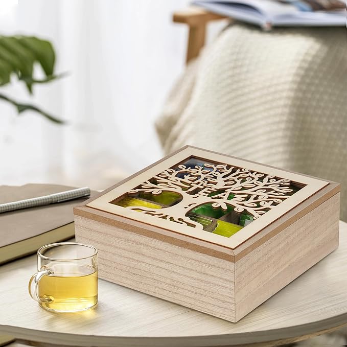 handrong Tea Box Organizer,Wood Teas Bag Holder,Tea Organizers and Storage,Teas Organizer with Tree Pattern for Home Kitchen Office
