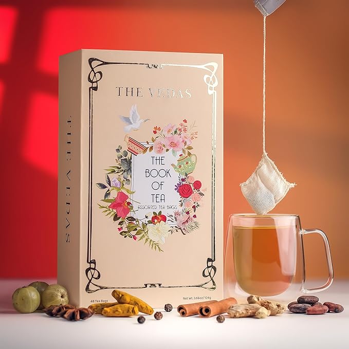 The Vedas Book Of Tea Gift Set | Assorted Tea Bags Gift Box | Christmas Gift | 12 Exotic Herbal Tea Blends In Handcrafted Cotton Bags | Net 48 bags | Gift for mom