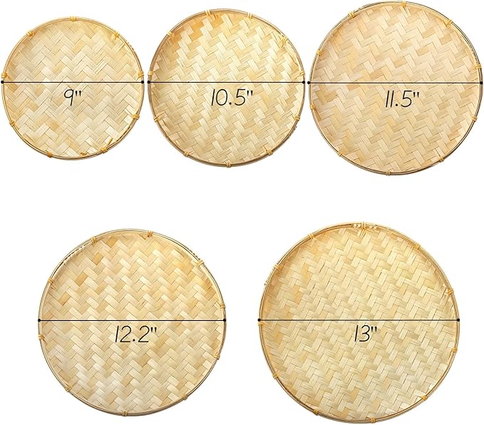 Goaste 5 Pack Round Bamboo Serving Trays, Decorative Flat Wicker Baskets, Handwoven Shallow Wicker Organizers for Food Storage, Fruit, Snacks, Kids DIY Drawing, Wall Hanging Decoration